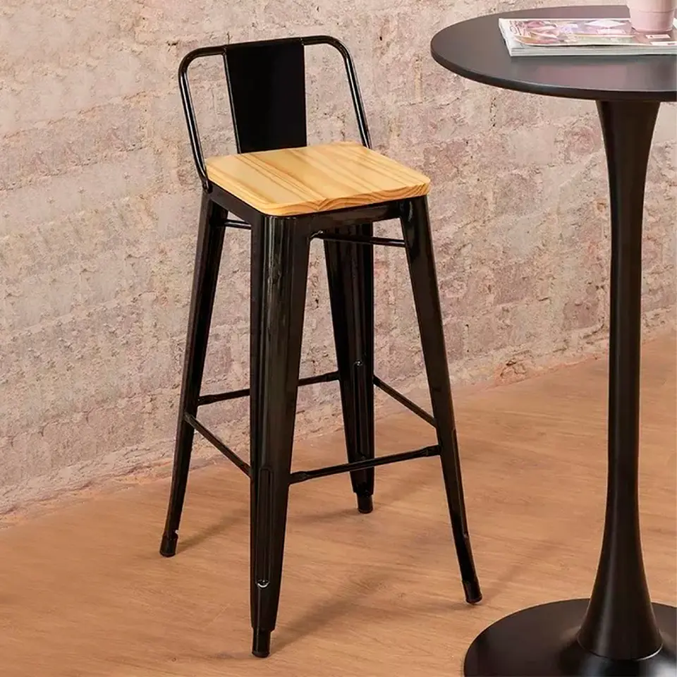 Taburete Tolix Asiento Madera Clara Alto 77 cm - Negro 3