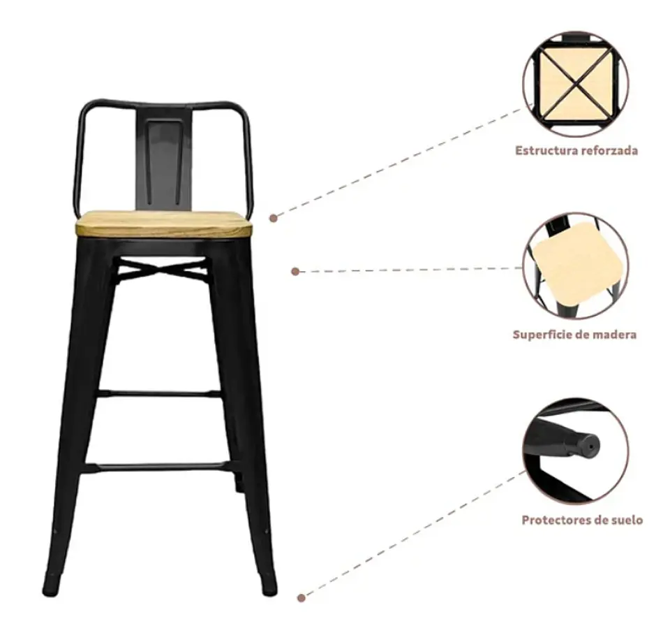 Taburete Tolix Asiento Madera Clara Alto 77 cm - Negro 4