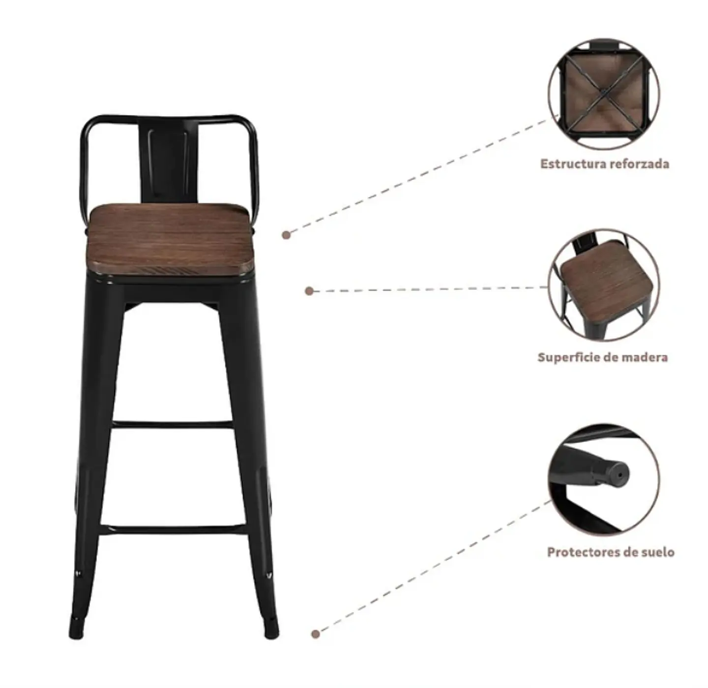 Taburete Tolix Asiento Madera Oscura Alto 77 cm - Negro 3