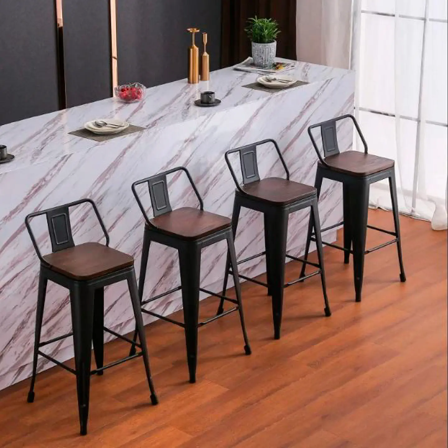 Taburete Tolix Asiento Madera Oscura Alto 77 cm - Negro 5