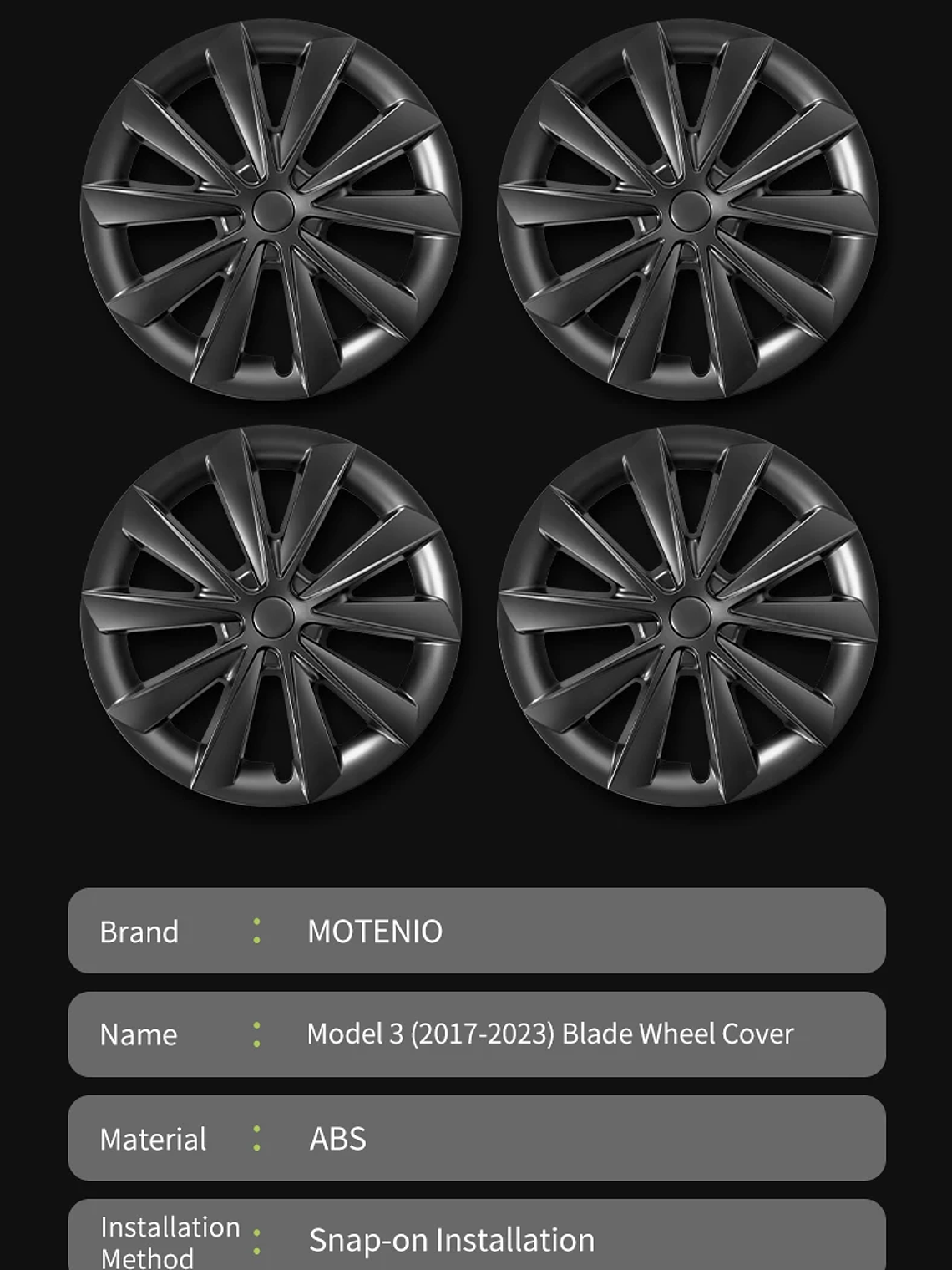 4PCS for Model 3 (2017-2023) 18 Inch Blade Wheel Cover Hubcaps Whirl Cap 21