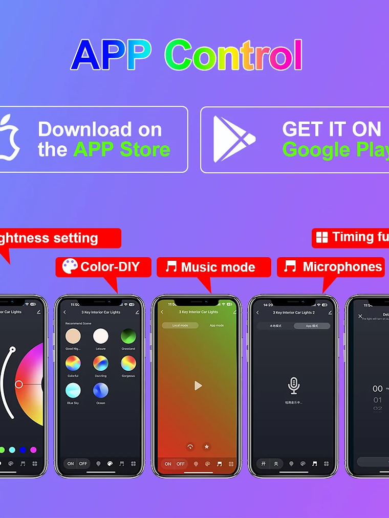 Car Interior Ambient Foot Well Light In Car APP Control Neon LED 5