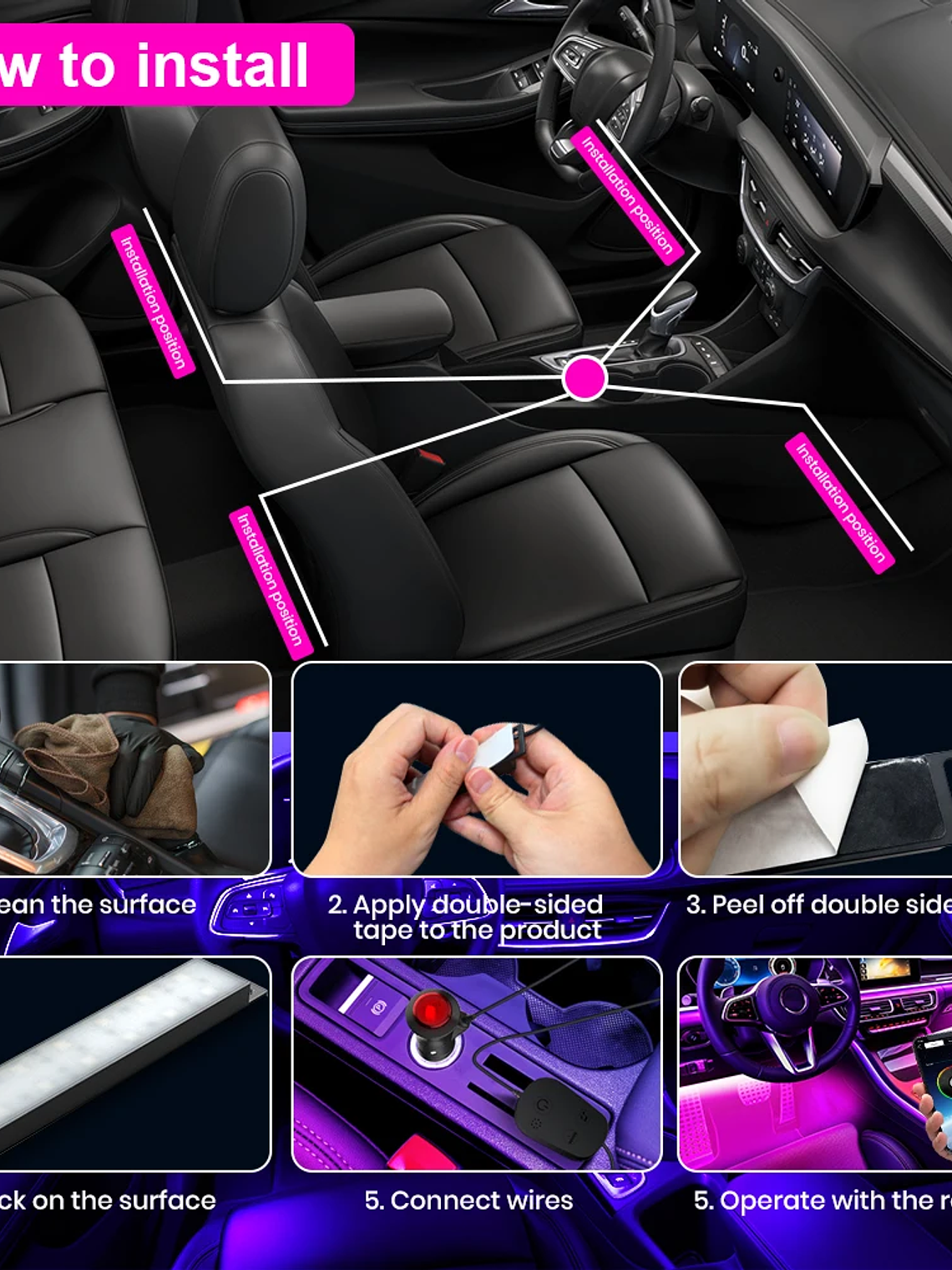 Car Interior Ambient Foot Well Light In Car APP Control Neon LED 15