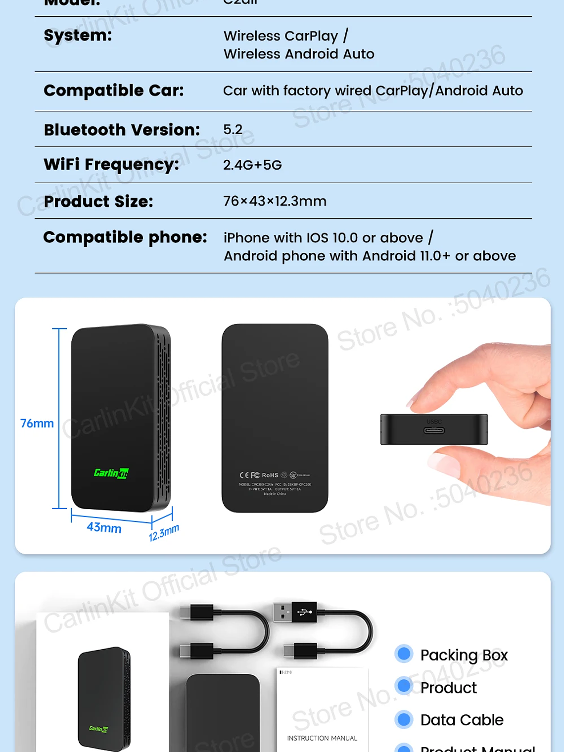 CarlinKit 5.0 C2Air Wireless Adapter Wireless CarPlay Android Auto Box 21