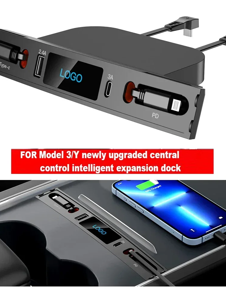 Tesla Model 3 Y Docking Station 27W Quick Charger USB LED Shunt Hub 2