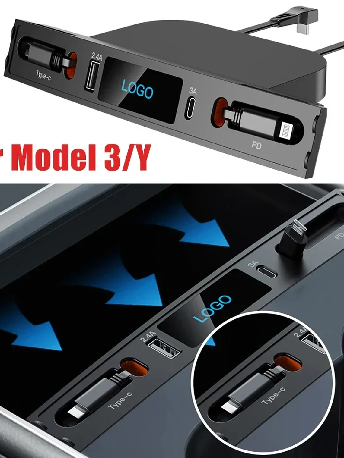 Tesla Model 3 Y Docking Station 27W Quick Charger USB LED Shunt Hub 3