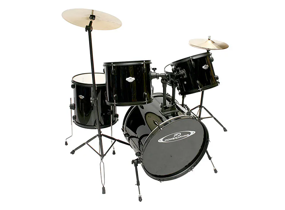 Batería Acústica PowerDrums color negro con Platillos y Atriles 1
