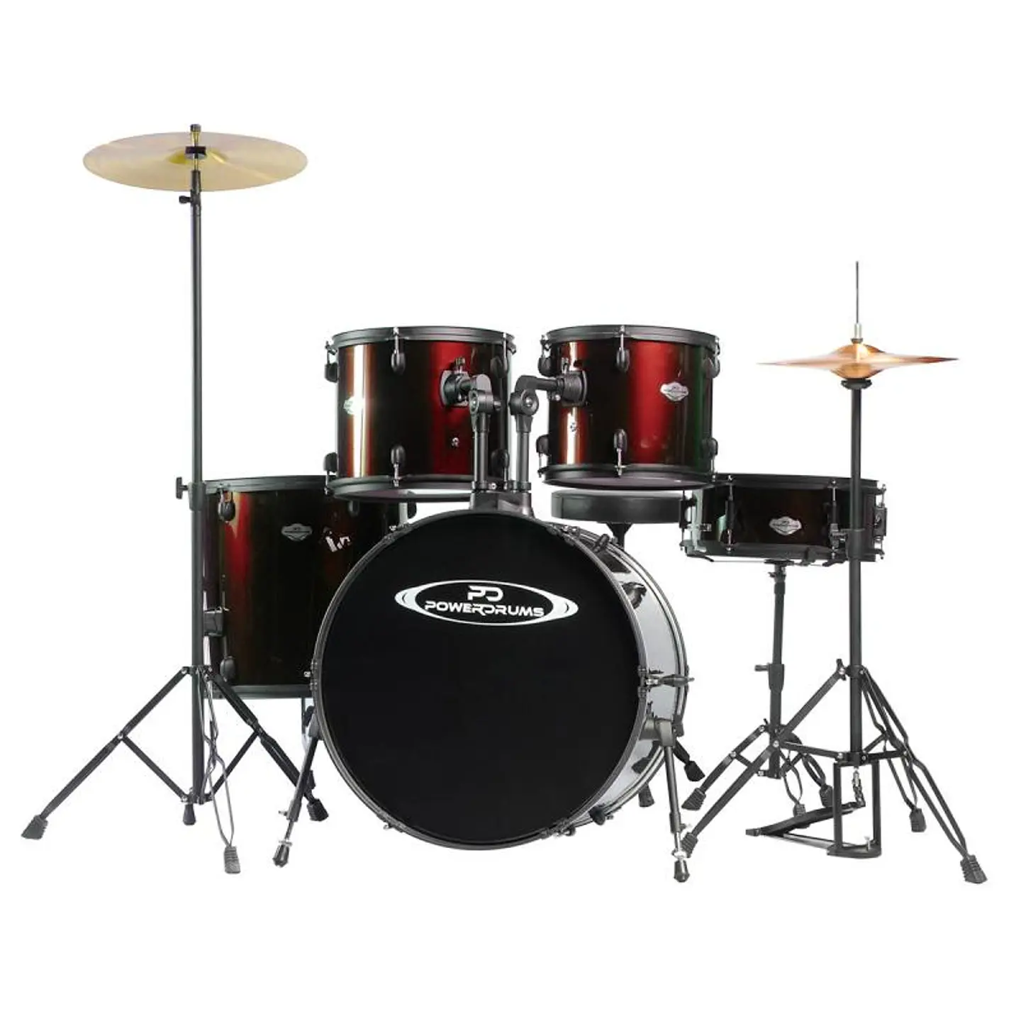 Batería Acústica PowerDrums color Rojo con platillos y atriles 1