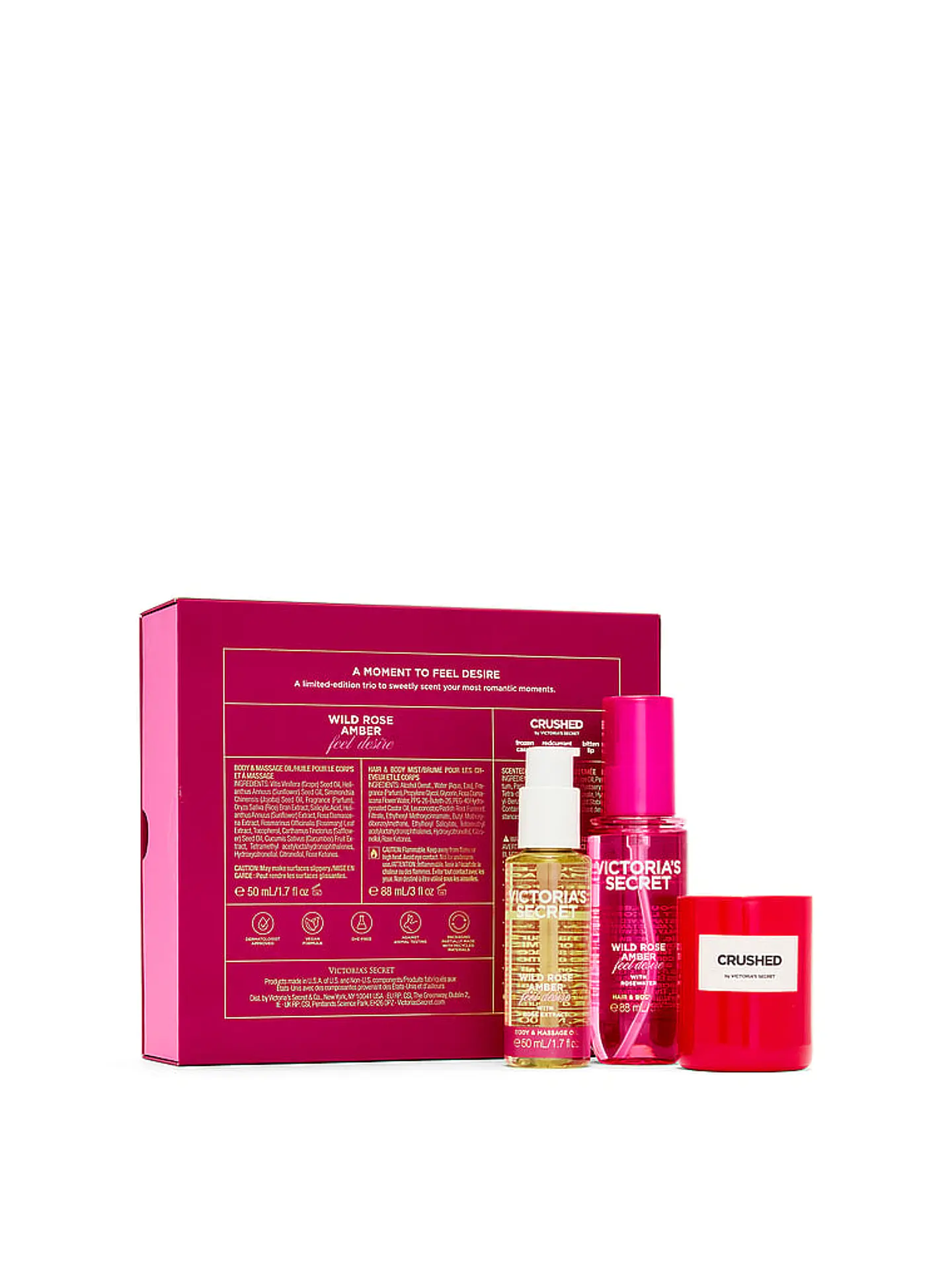 Set de regalo de 3 piezas Wild Rose Amber con mini productos exclusivos para el cuidado corporal y vela triturada. 4