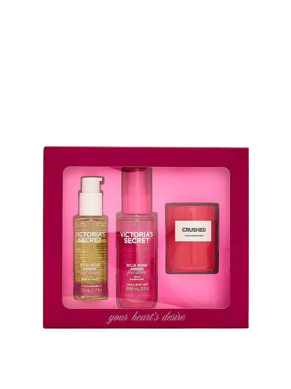 Set de regalo de 3 piezas Wild Rose Amber con mini productos exclusivos para el cuidado corporal y vela triturada. 1