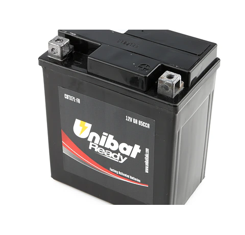Bateria Unibat Ready CBTX7L-FA, 6A, CCA 85A, polaridade direita, 114x71x131mm, bateria AGM selada de fábrica e livre de manutenção.  