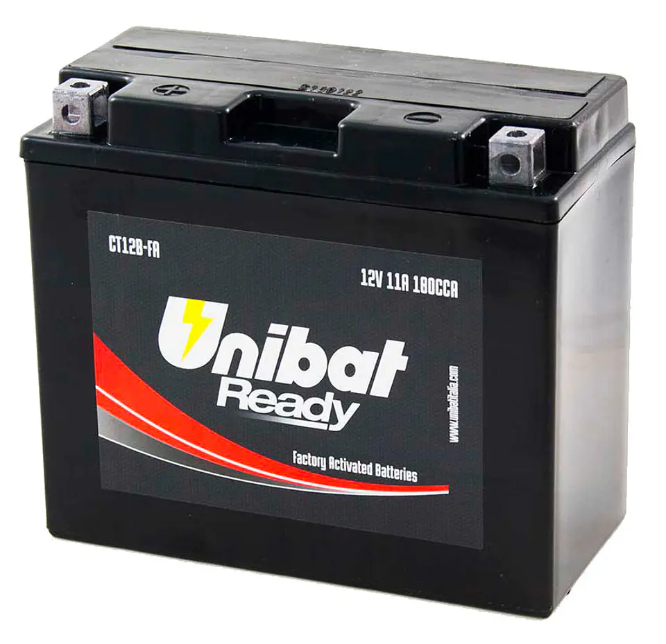 Bateria Unibat Ready CT12B-FA, 11A, CCA 180A, polaridade esquerda, 151x70x130mm (Ducati Y2K em diante), bateria AGM selada de fábrica e livre de manutenção. 1