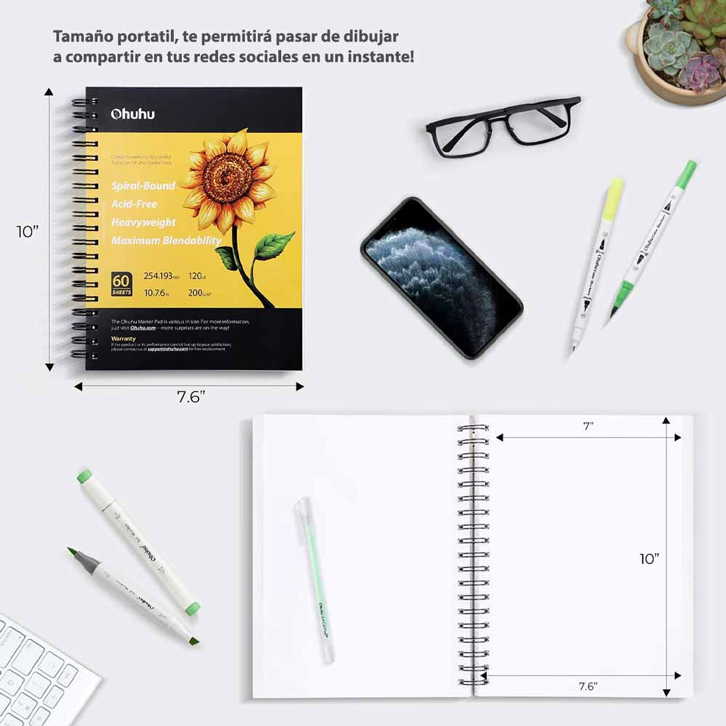 OHUHU BLOCK PARA MARCADORES CON ANILLADO EN ESPIRAL (25.4X19.3CM, 60 HOJAS) 3