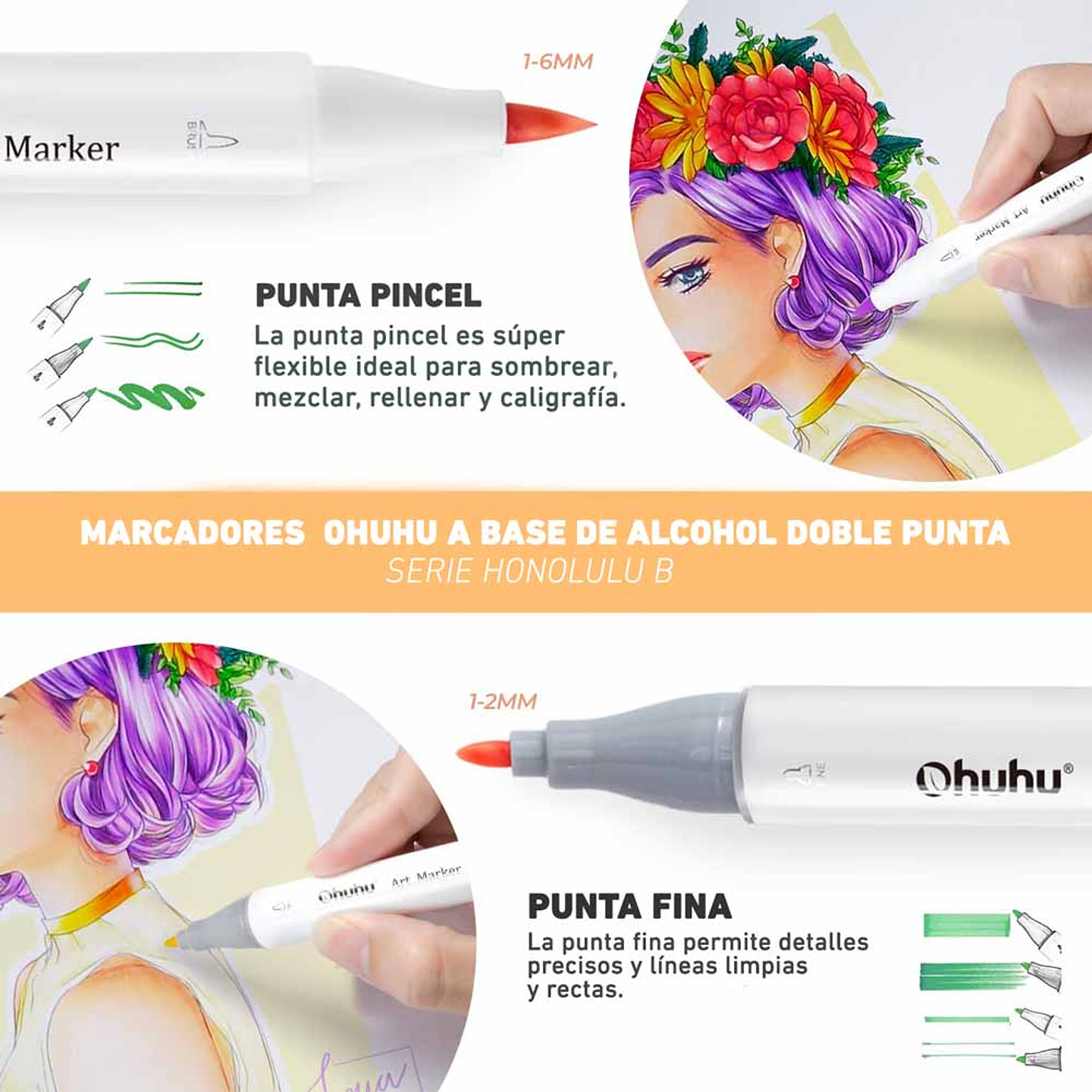 OHUHU 48 TONOS MEDIOS MARCADORES DE ALCOHOL + 1 BLENDER 5