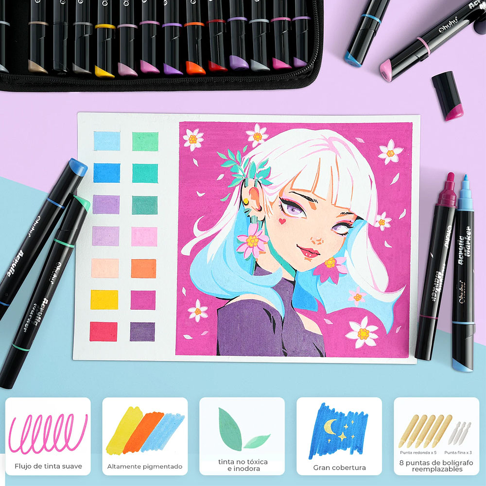 OHUHU 30 MARCADORES ACRÍLICOS PUNTA FINA Y REDONDA 9