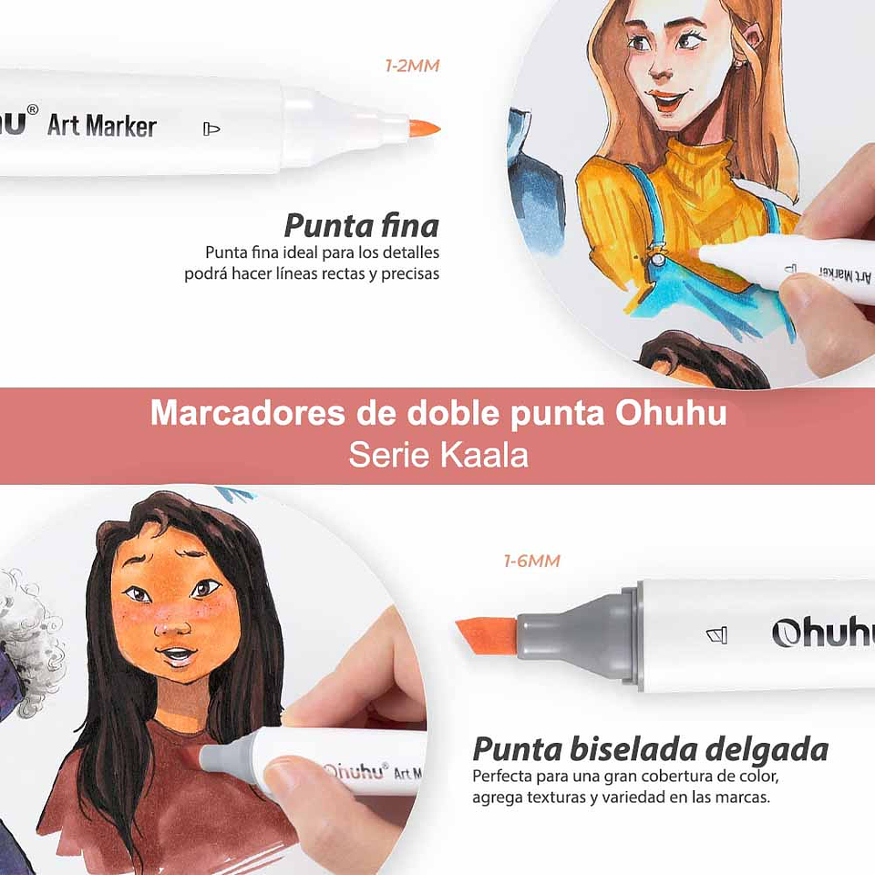 OHUHU 24 MARCADORES PIEL DE ALCOHOL + 1 BLENDER FINA&BISELADA DELGADO 3