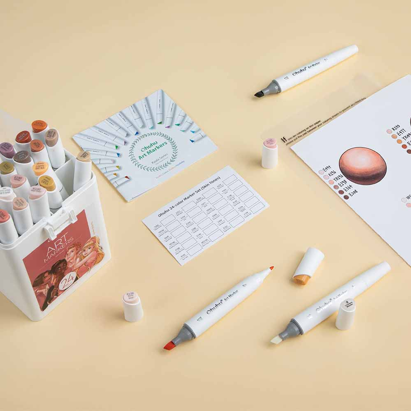 OHUHU 24 MARCADORES PIEL DE ALCOHOL + 1 BLENDER FINA&BISELADA DELGADO 7