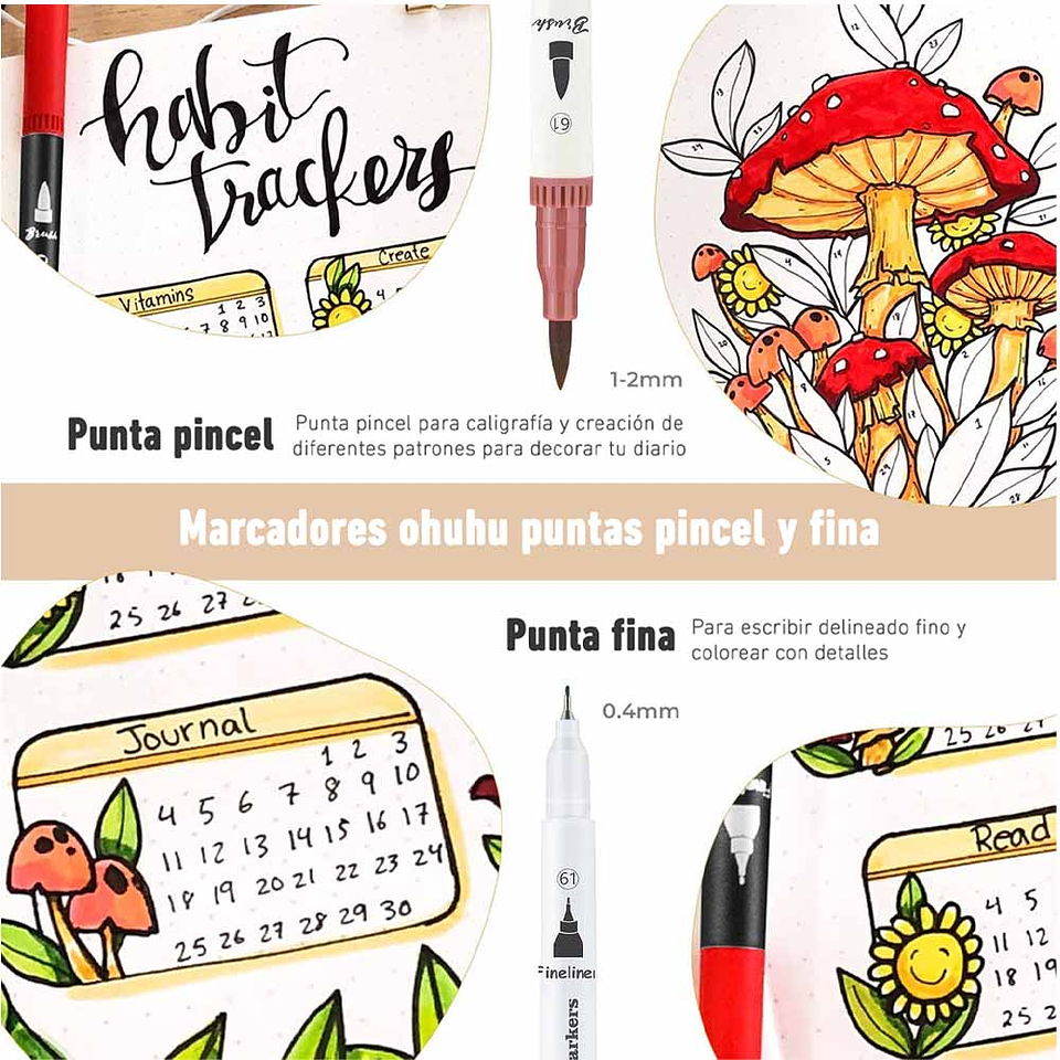 OHUHU MAUI 60 MARCADORES A BASE DE AGUA  PINCEL&FINELINER 3