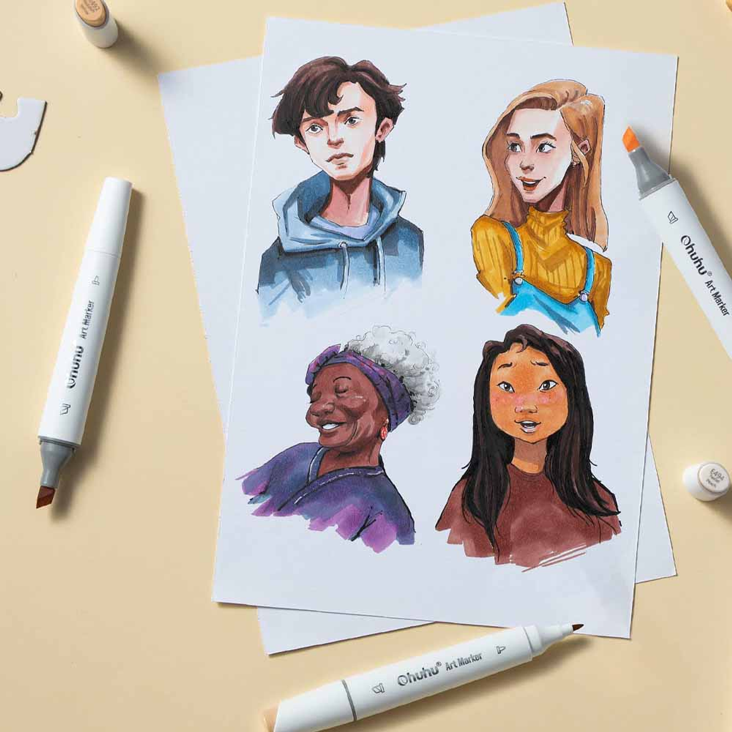 OHUHU 24 MARCADORES PIEL DE ALCOHOL + 1 BLENDER FINA&BISELADA DELGADO 9