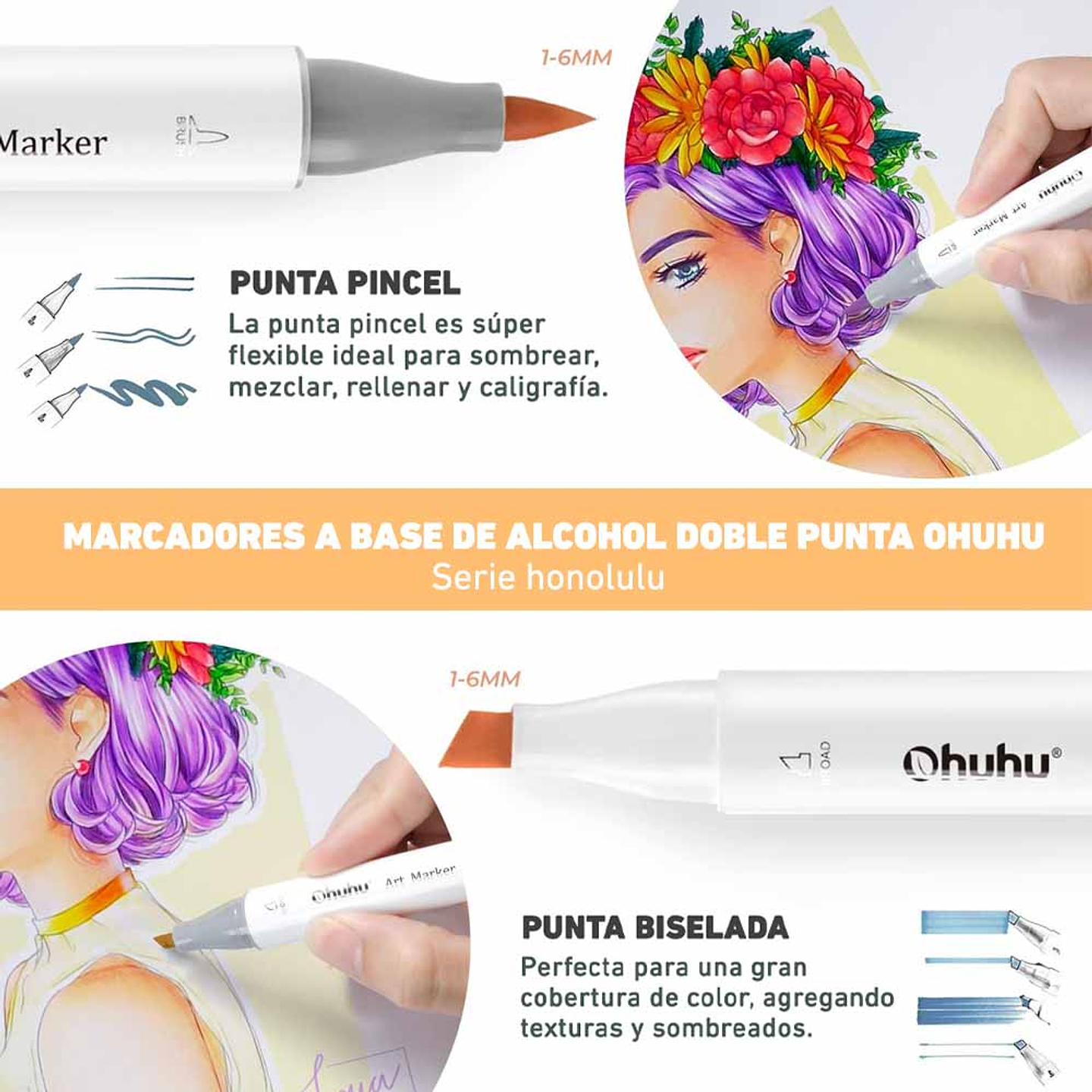 OHUHU 48 MARCADORES DE ALCOHOL TONOS MEDIOS + 1 BLENDER PINCEL&BISELADA 2