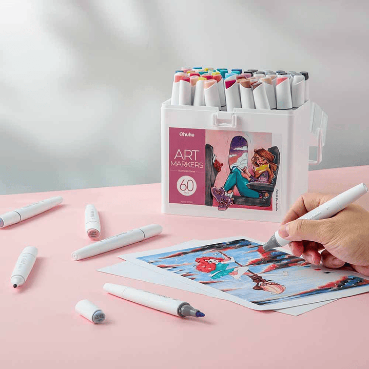 OHUHU 60 MARCADORES DE ALCOHOL + 1 BLENDER FINA&BISELADA DELGADO MANGA. 8