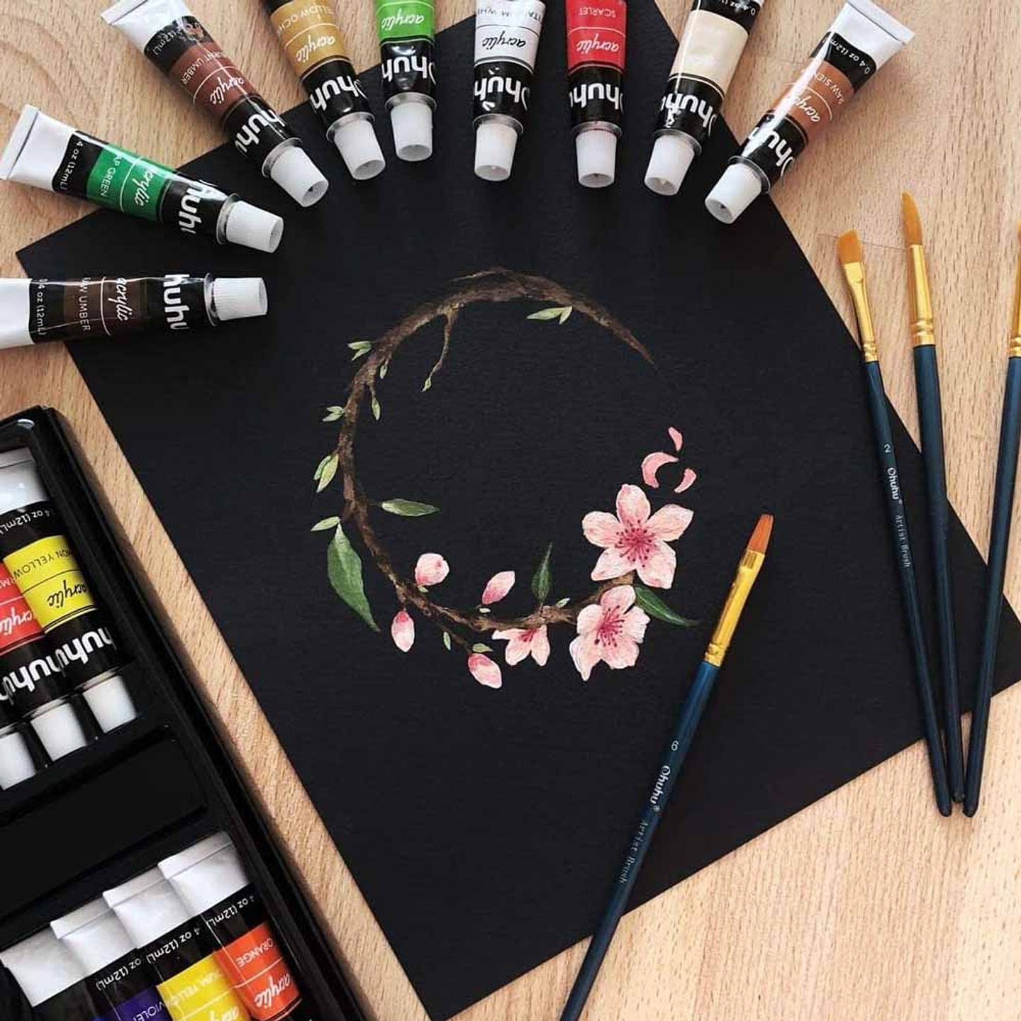 OHUHU SET 24 PINTURAS ACRÍLICAS 12ML + 6 PINCELES 3