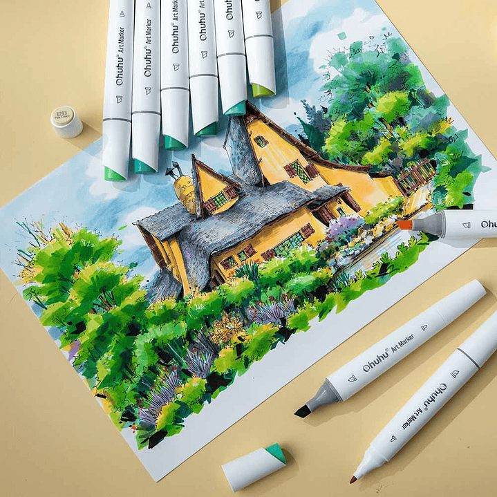 OHUHU 60 MARCADORES DE ALCOHOL + 1 BLENDER FINA&BISELADA DELGADO PAISAJISMO 8