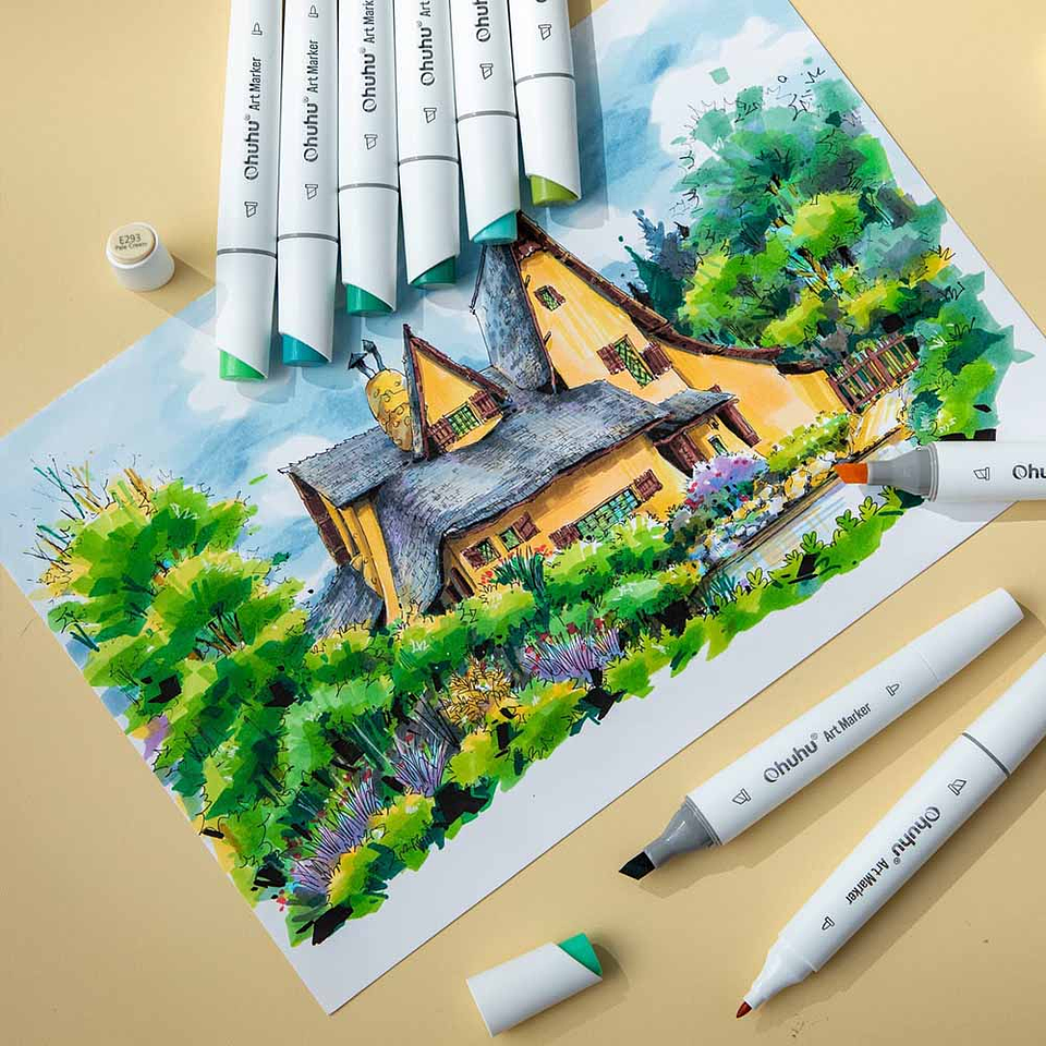 OHUHU 60 MARCADORES DE ALCOHOL + 1 BLENDER FINA&BISELADA DELGADO PAISAJISMO 8