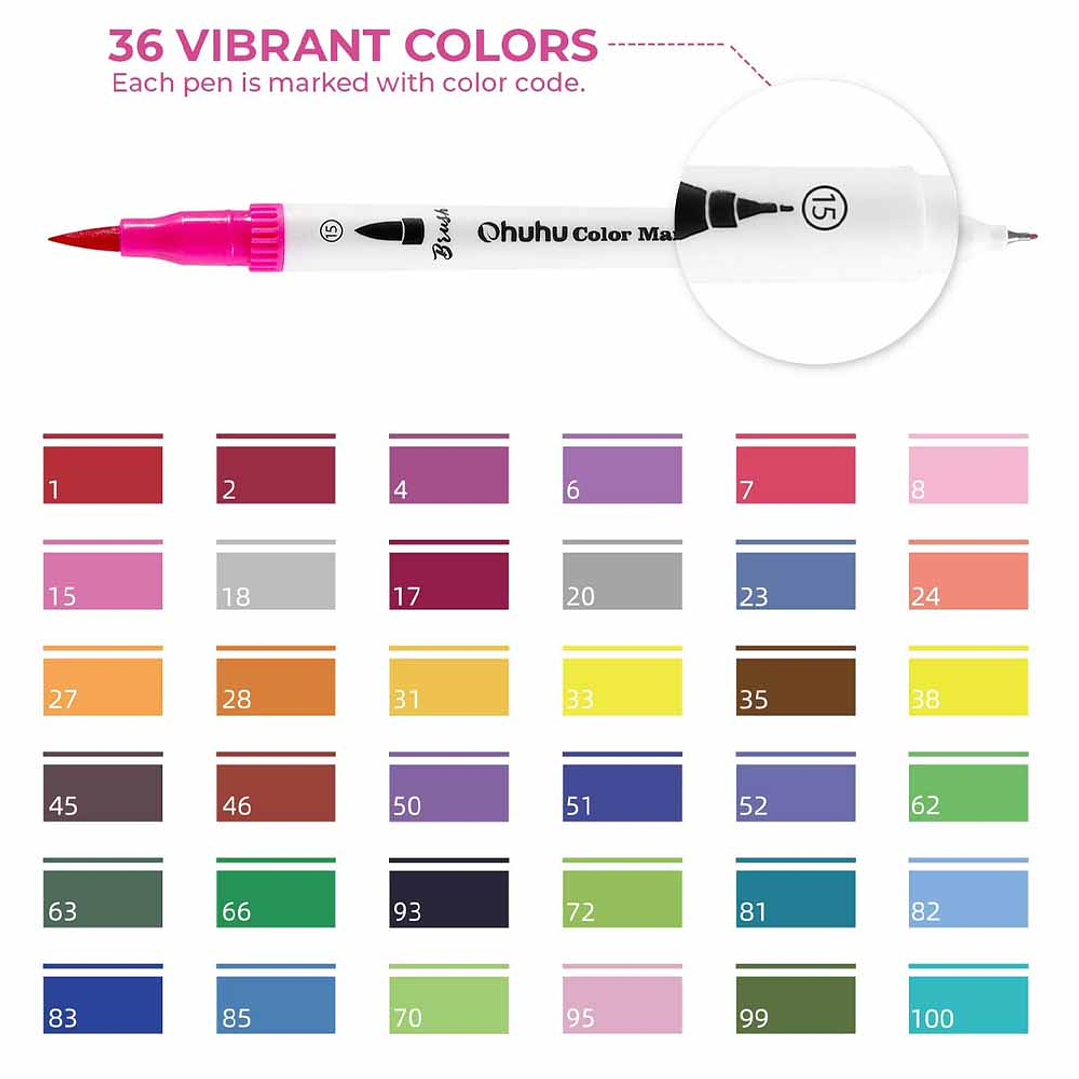 OHUHU 36 MARCADORES DOBLE PUNTA PINCEL Y TIRALÍNEAS FINO 3