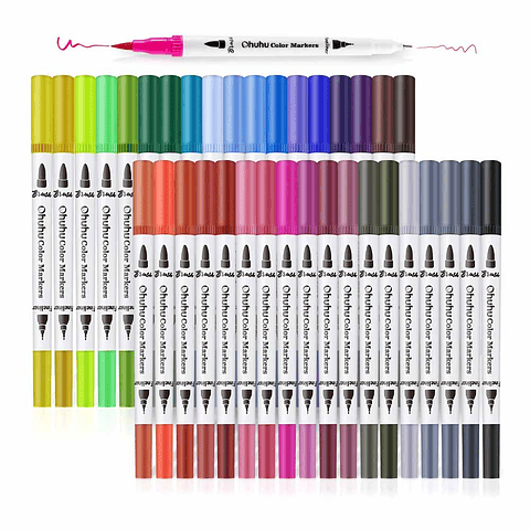 OHUHU 36 MARCADORES DOBLE PUNTA PINCEL Y TIRALÍNEAS FINO