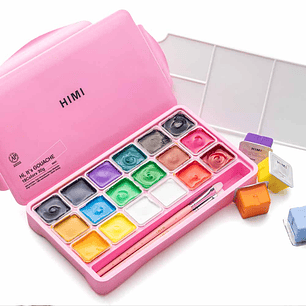 HIMI SET GOUACHE 18 COLORES / 30GR + PINCELES (ESTUCHE ROSADO)