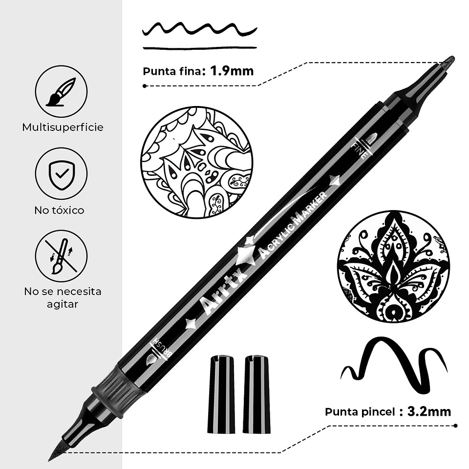 ARRTX 8 MARCADORES ACRÍLICOS DE DOBLE PUNTA DE COLOR NEGRO 2