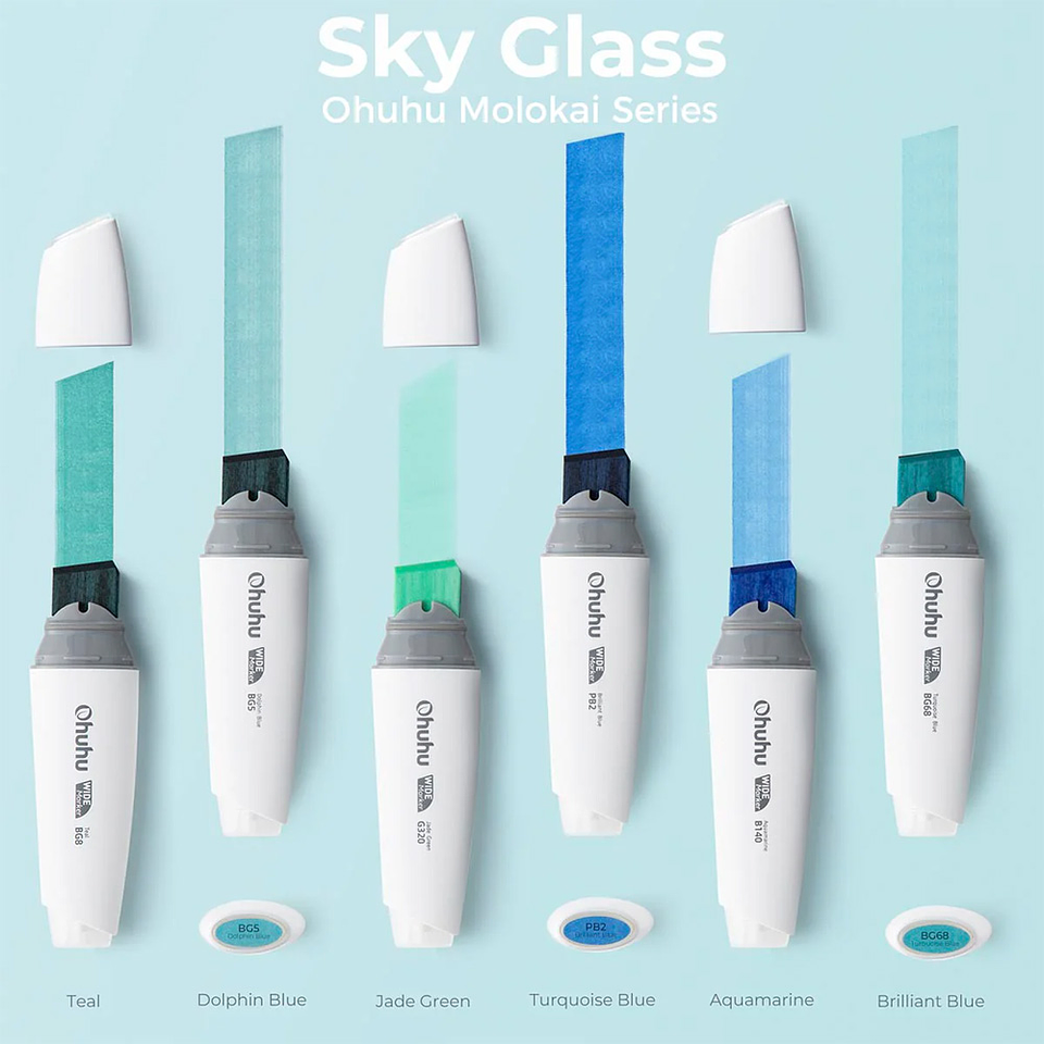 OHUHU 6 MARCADORES DE ALCOHOL PUNTA EXTRA ANCHA COLORES SKY GLASS SERIE MOLOKAI  3