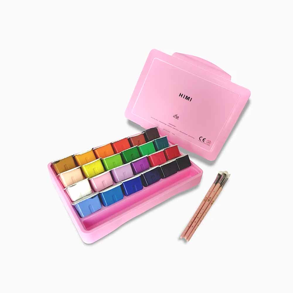 HIMI-MIYA SET GOUACHE 24 COLORES / 30GR  INCLUYE 3 PINCELES (ESTUCHE ROSADO)  1
