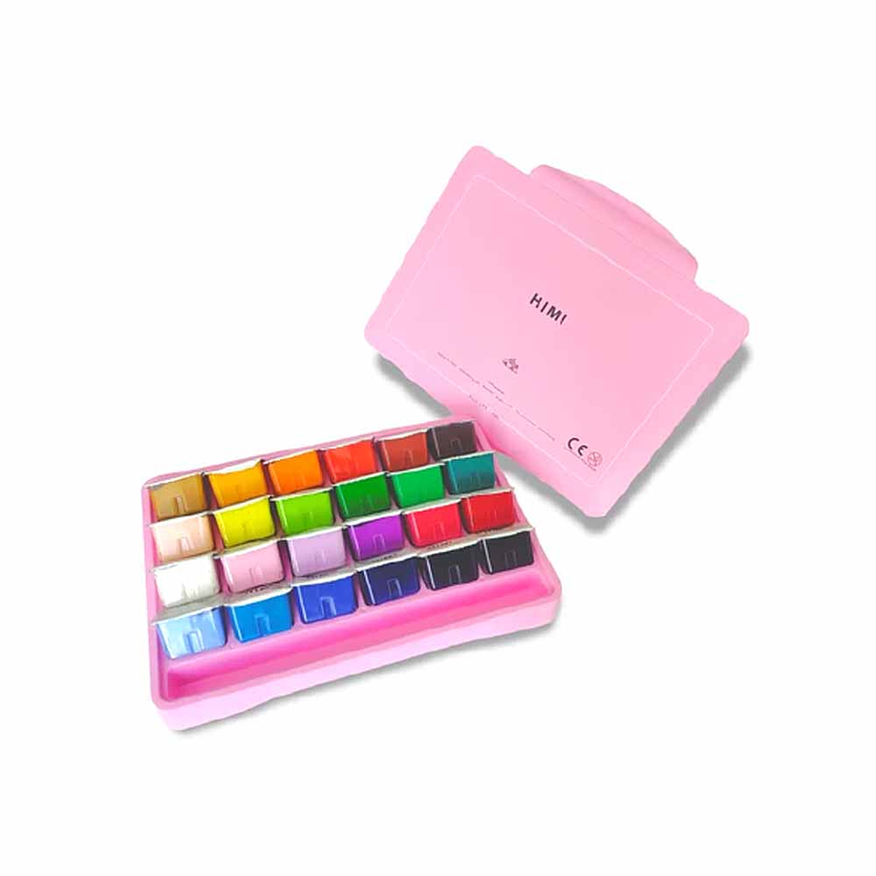 HIMI-MIYA SET GOUACHE 24 COLORES / 30GR  INCLUYE 3 PINCELES (ESTUCHE ROSADO)  2