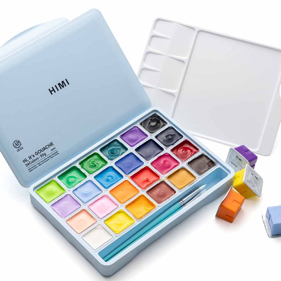 HIMI-MIYA SET GOUACHE 24 COLORES / 30GR  (ESTUCHE CELESTE) INCLUYE 3 PINCELES  1