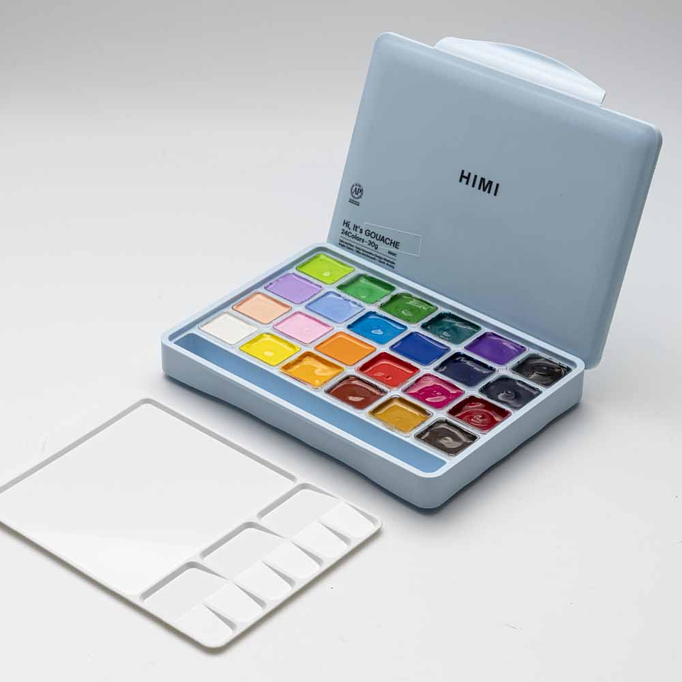 HIMI-MIYA SET GOUACHE 24 COLORES / 30GR  (ESTUCHE CELESTE) INCLUYE 3 PINCELES  2