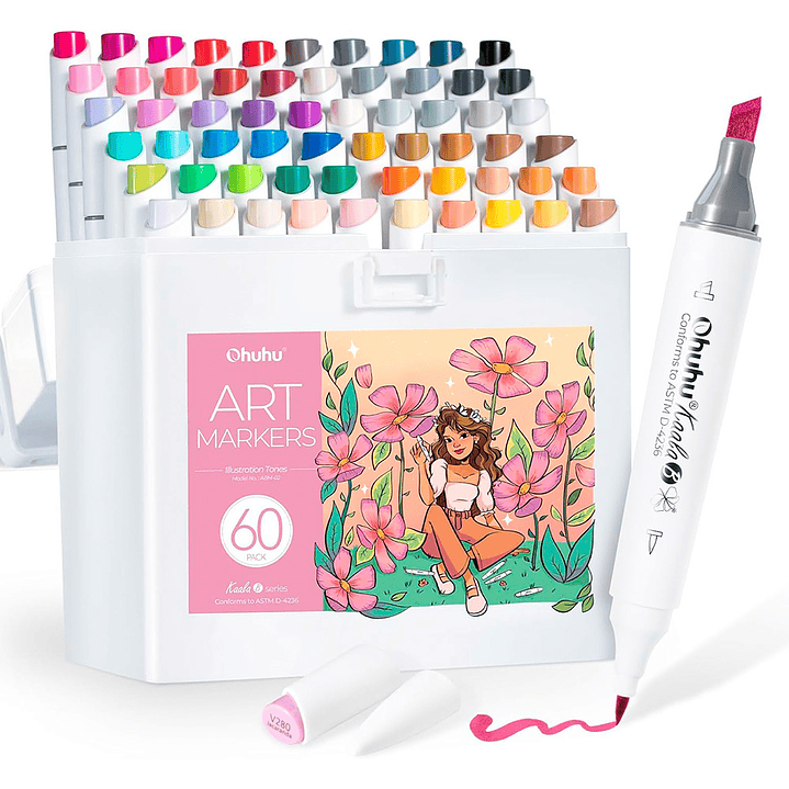 OHUHU 60 MARCADORES BASE ALCOHOL MINI PINCEL Y BISELADA FINA  1