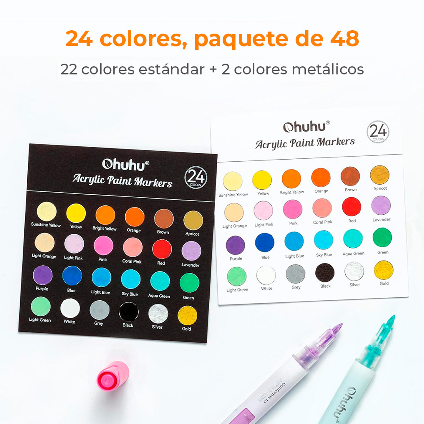 OHUHU 48 MARCADORES ACRÍLICOS 24 COLORES FINA Y REVERSIBLE 2