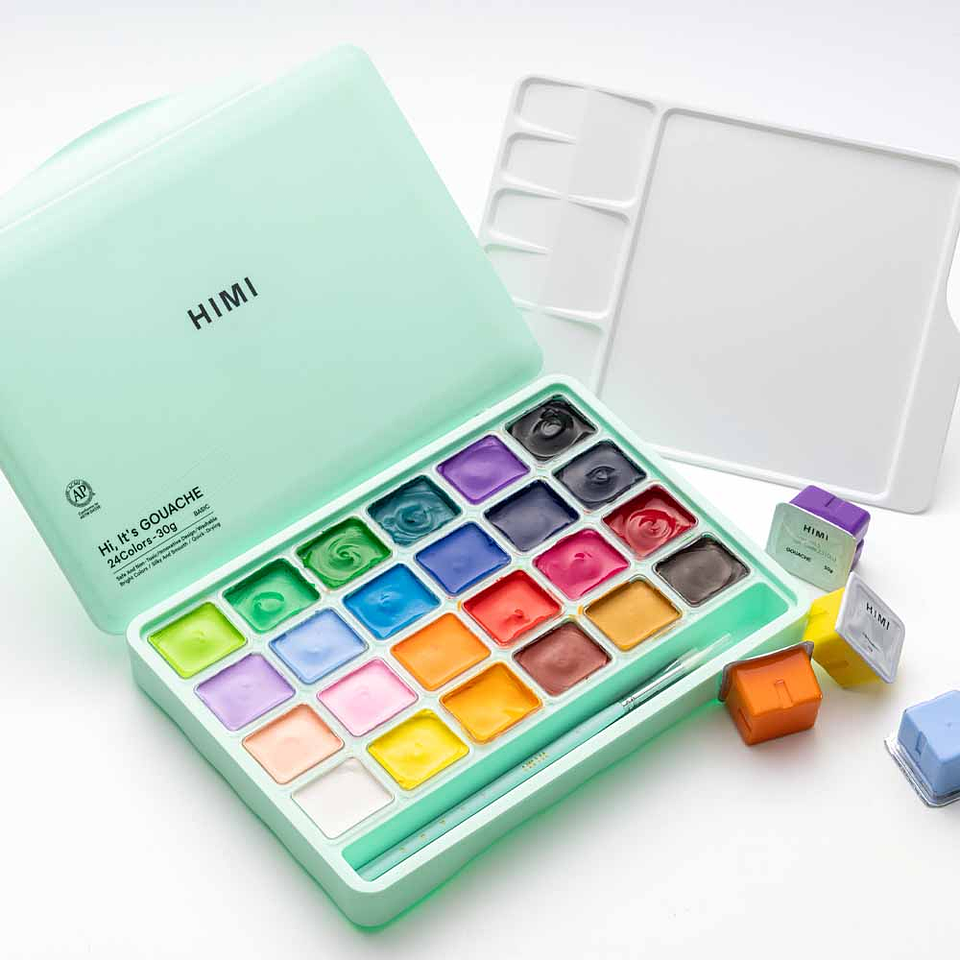 HIMI-MIYA SET GOUACHE 24 COLORES / 30GR  INCLUYE 3 PINCELES (ESTUCHE VERDE) 1