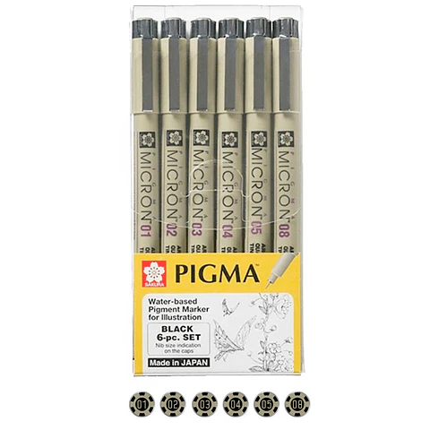 SAKURA PIGMA MICRON SET 6 TIRALÍNEAS NEGROS 