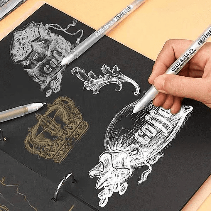 LÁPICES GEL GELLY ROLL SAKURA METALLIC & WHITE (ORO,PLATA,BLANCO) 3