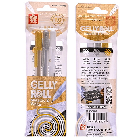 LÁPICES GEL GELLY ROLL SAKURA METALLIC & WHITE (ORO,PLATA,BLANCO)