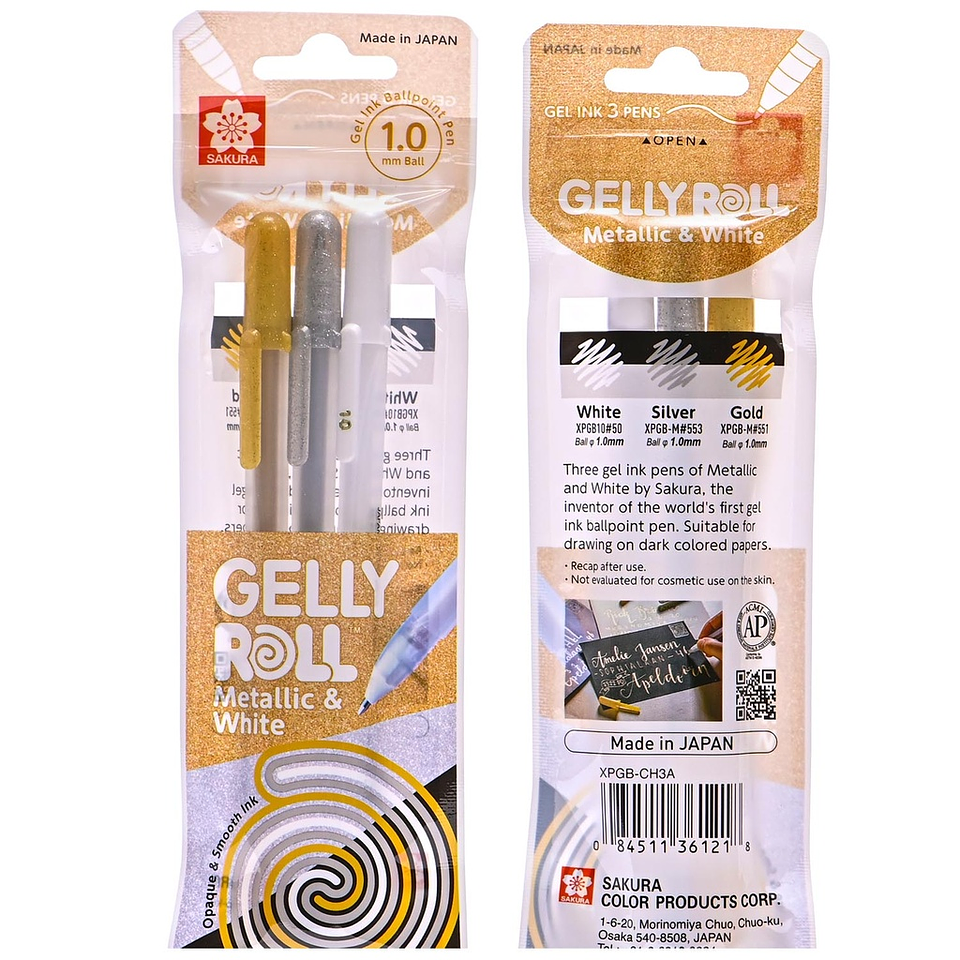 LÁPICES GEL GELLY ROLL SAKURA METALLIC & WHITE (ORO,PLATA,BLANCO) 2