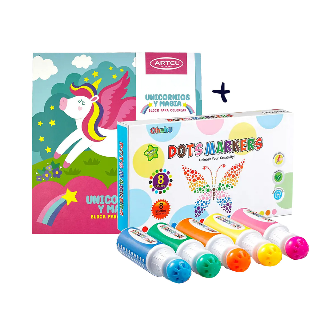 BLOCK PARA COLOREAR UNICORNIOS Y MAGIA + OHUHU 8 MARCADORES DE PUNTOS LAVABLES PARA NIÑOS 1