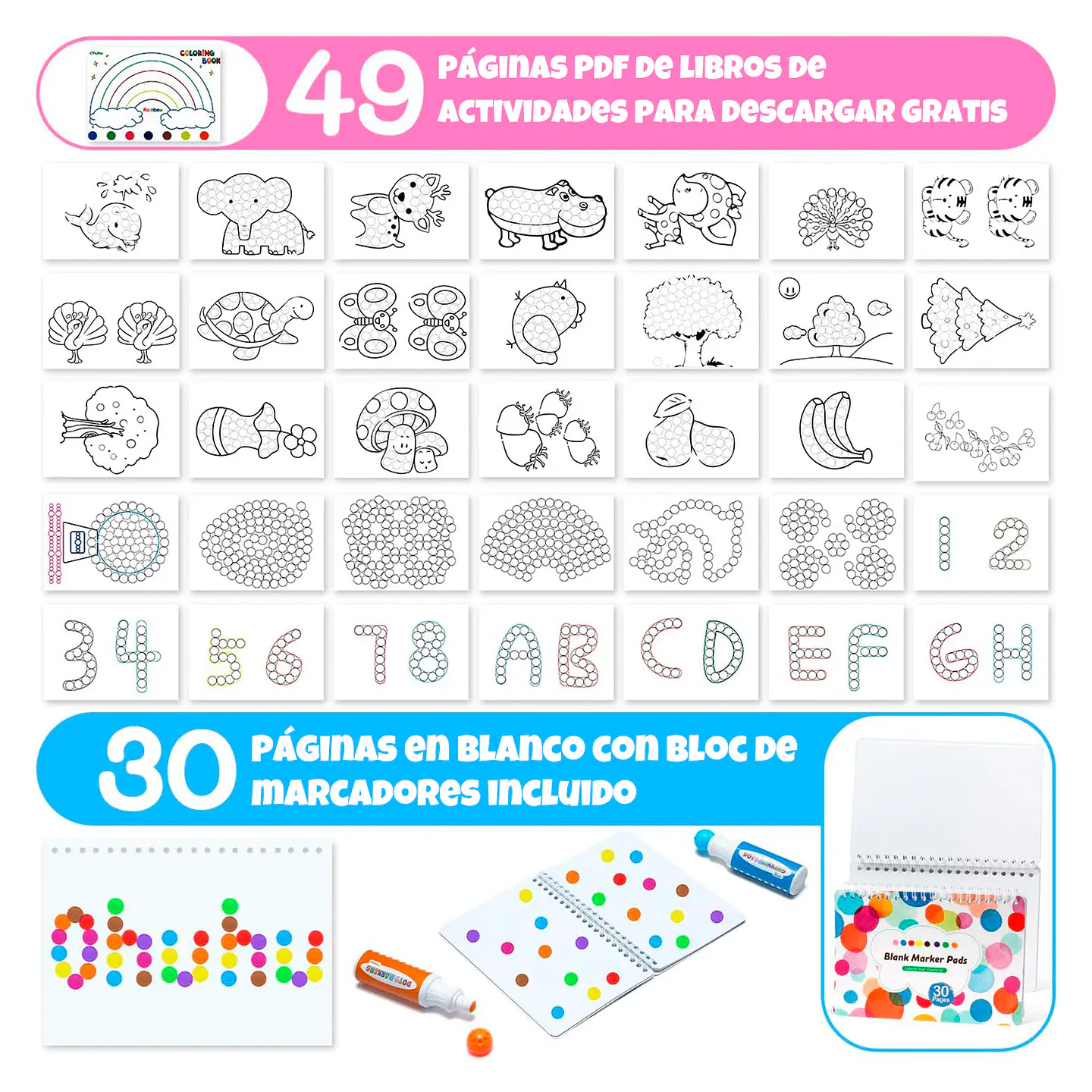 BLOCK PARA COLOREAR UNICORNIOS Y MAGIA + OHUHU 8 MARCADORES DE PUNTOS LAVABLES PARA NIÑOS 6