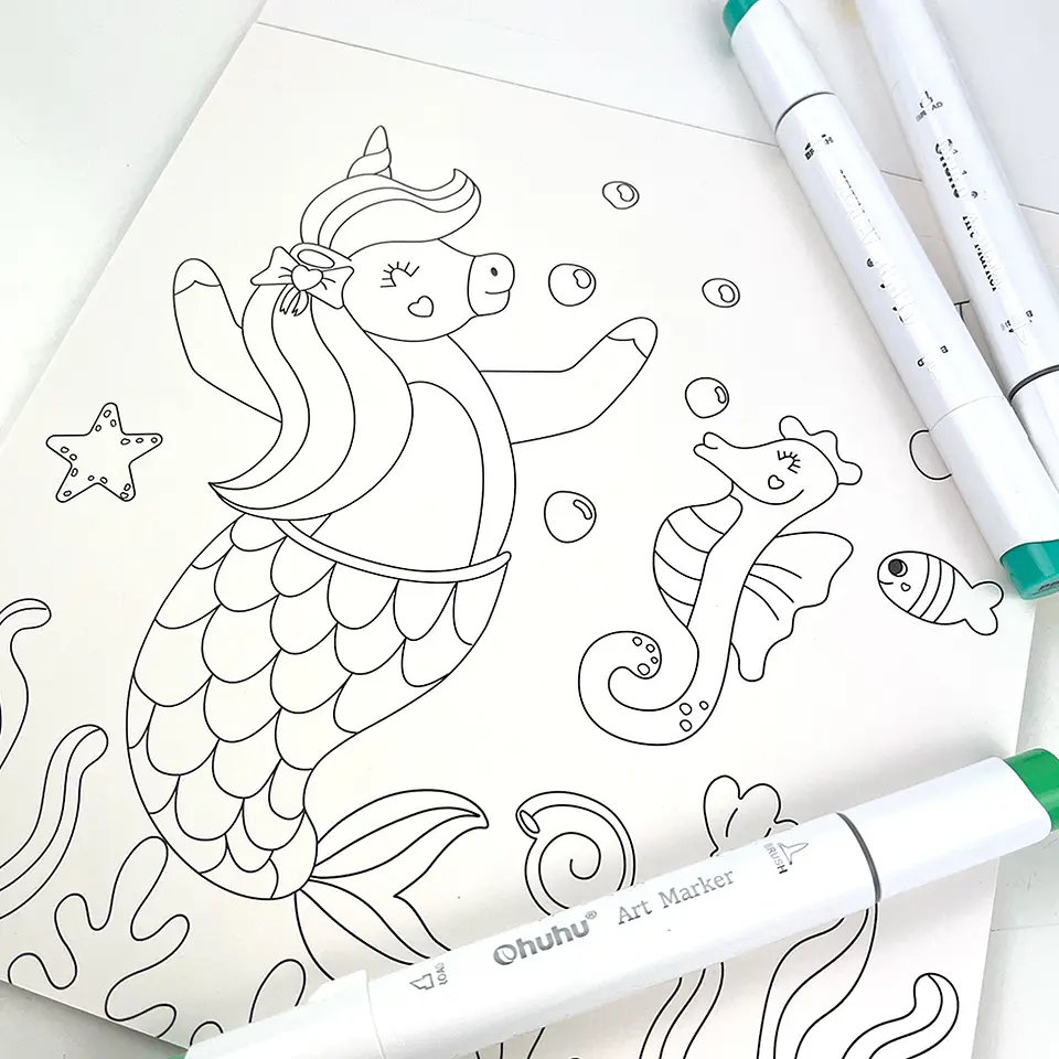 BLOCK PARA COLOREAR UNICORNIOS Y MAGIA + OHUHU 8 MARCADORES DE PUNTOS LAVABLES PARA NIÑOS 3