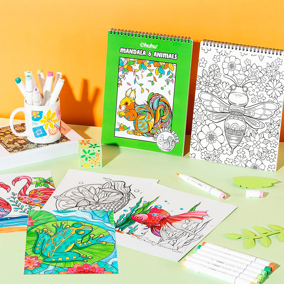 OHUHU LIBRO PARA COLOREAR DOBLE CARA MANDALA & ANIMALS  5