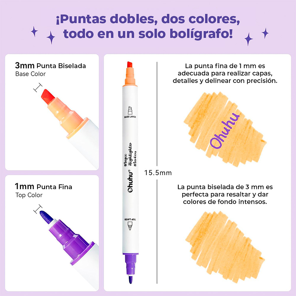 OHUHU 16 MARCADORES-DESTACADORES 32 COLORES FINA-BISELADA 3