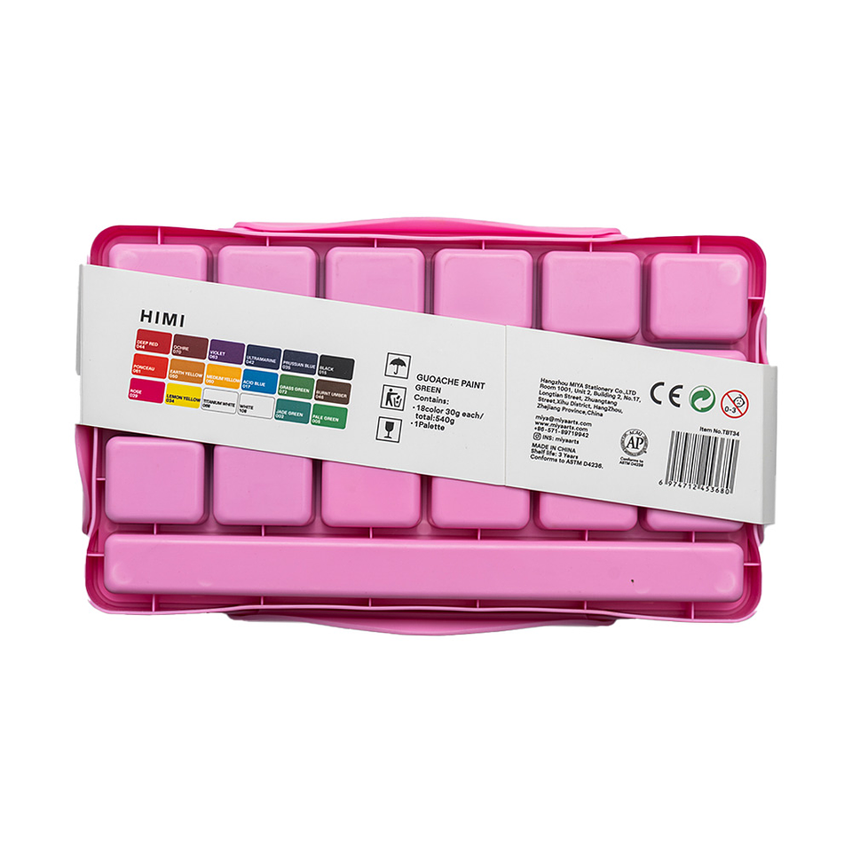 HIMI SET GOUACHE DE 18 COLORES BÁSICOS DE 30G INCLUYE 3 PINCELES ESTUCHE ROSADO 4